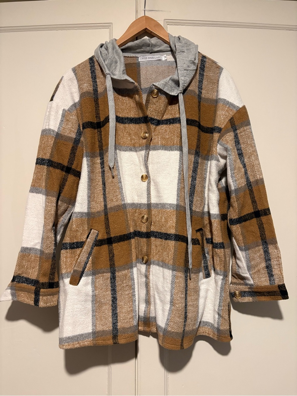 Miss Sparkling Hooded Flannel Button Up Jacket